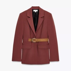 Chic Burgundy Blazer with Tan Belt